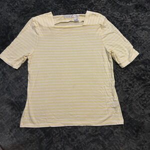 Yellow Stripe Square Neck Cotton Blend Stretch Tee Half Sleeve Sz L Old Money